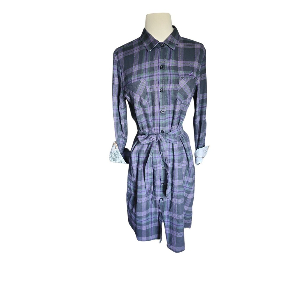 Pladra Plaid Flannel Belted Shirt Dress Womens M Purple Tech Outdoors Hiking